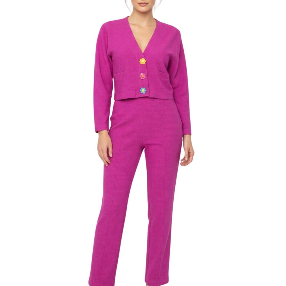 Vintage Claude Z Magenta Ribbed Knit Set – 90s Flower Button Blazer & Pants